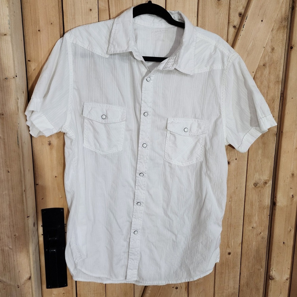 Arizona Jeans Co Mens White‎ Western Short Sleeve Snap Button Shirt Large Cotton